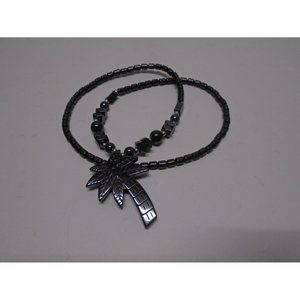 Hematite Necklace 18" Beaded w/ Palm Tree Pendant & Screw Clasp